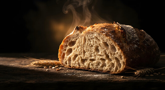 Freshly Baked Sourdough Bread with Steam, Dramatic Chiaroscuro Lighting