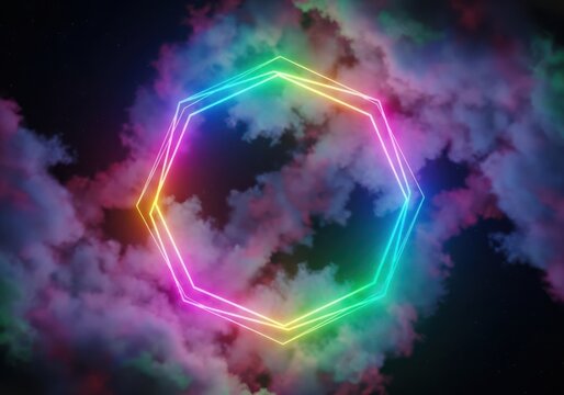Glowing neon heptagon frame with gradient light lines floating amidst dark, colorful, illuminated clouds in a night sky background