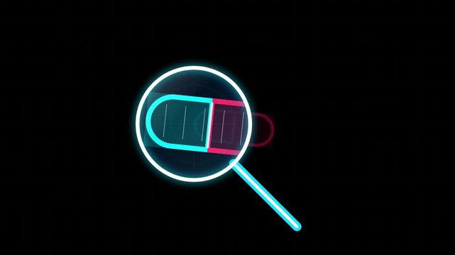Digital magnifying glass analyzing a pill icon