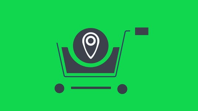 Animated shopping cart with location pin icon on green screen vector animation