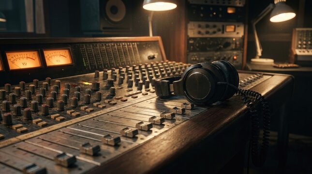 Vintage analog audio mixing console with glowing warm vu meters coiled cable headphones and faders in sound recording studio