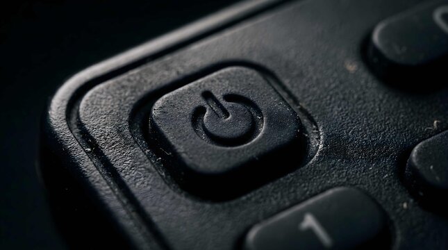 Close up view of a black plastic power button on a remote control