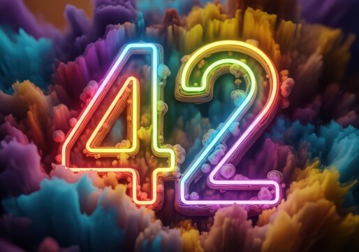 Glowing neon number 42 surrounded by vibrant, textured clouds of colorful smoke and abstract particle dust