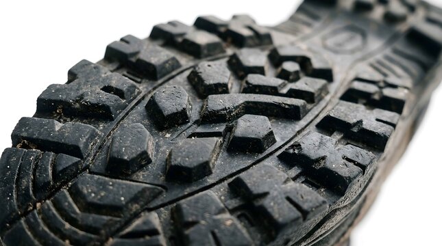 Close up view of a rugged black rubber hiking boot tread sole