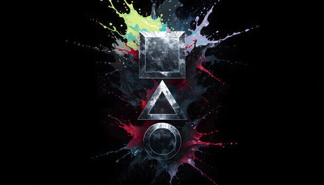 Distressed gaming geometric shapes with colorful paint splash. Creative game concept and dynamic motion art. Square triangle circle symbols surrounded by an explosion of multi colored liquid splatter