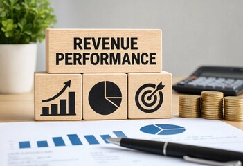 Naklejka premium Wooden blocks illustrating revenue performance with financial charts and coins on a desk