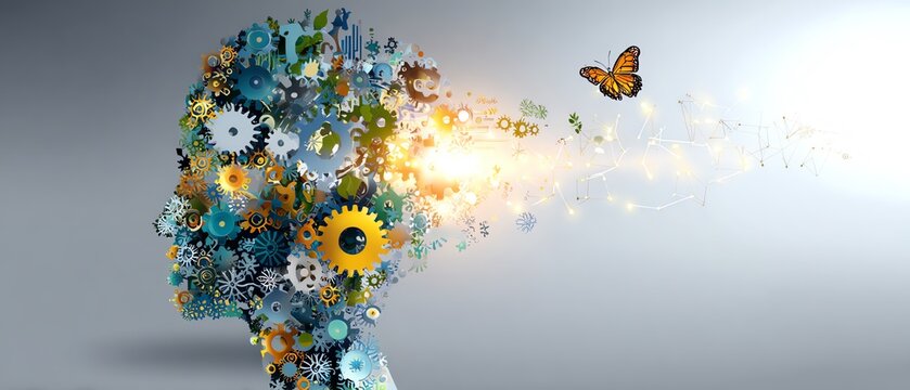 Creative mind with gears and butterfly illustration.