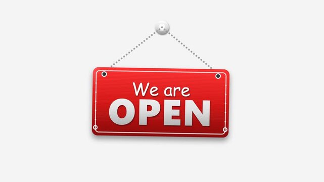 Red open sign hanging on a peg with we are open text business vector illustration isolated on white background