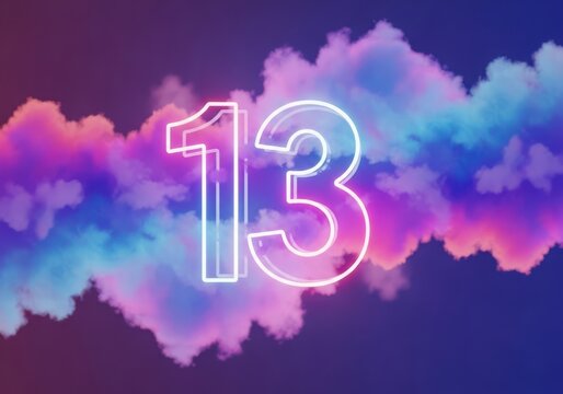 Number 13 in white neon outline, centered against a background, of vibrant, swirling, pink, purple, and, blue clouds and smoke