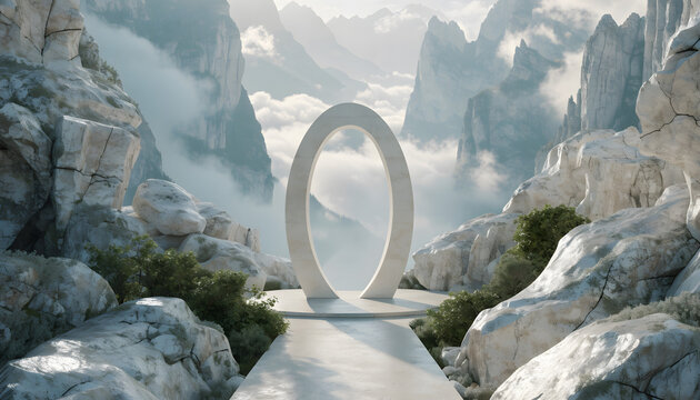 Futuristic oval arch monument in misty mountain range. Concept gateway and dramatic nature view. Minimalist stone archway standing above clouds in a rocky alpine mountain landscape