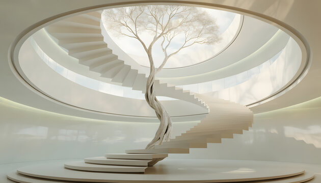 Modern architectural interior with spiral staircase and tree. Sustainable futuristic architecture and biophilic design. White tree trunk growing through a spiral staircase inside a rotunda