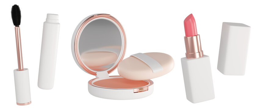 Set of makeup icons. Powder with puff, mascara wand, and a lipstick in white and rose-gold packaging. Ideal for beauty shoots, catalogs, and branding.
