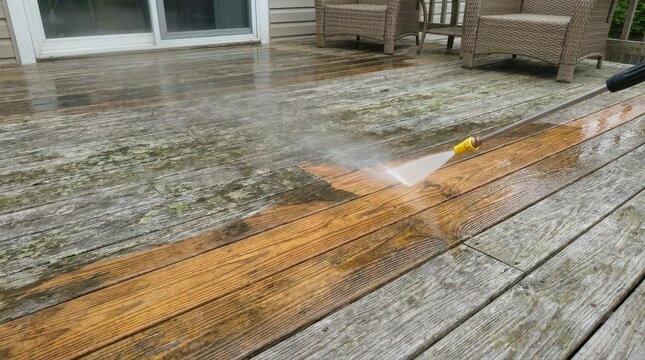 Pressure washing a dirty wooden deck to restore the natural color of the wood planks