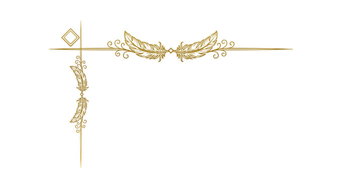 Elegant retro gold corner decoration with hand-drawn feathers and scrolling filigree elements on white background