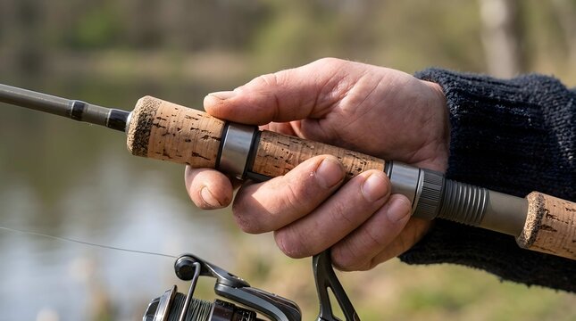 Close up view of human hand holding fishing rod with cork handle outdoor near water