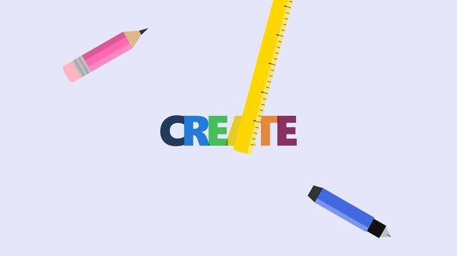 Create word animation featuring colorful stationery elements including a yellow ruler and pencils moving in this dynamic motion design footage