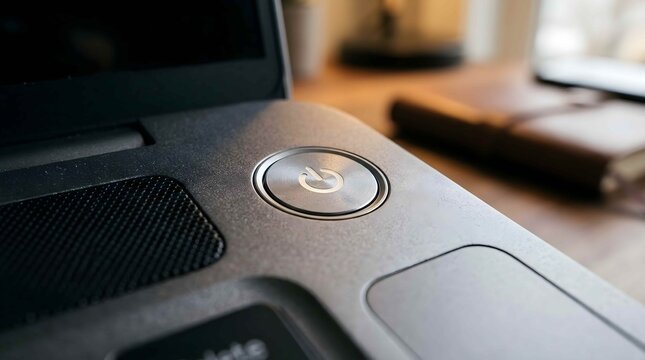 Close up view of metallic power button on modern portable computer