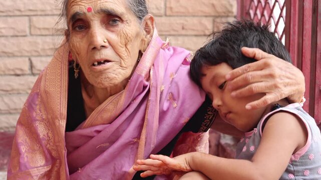 Video of an elderly Indian grandmother sitting with her young grandchild, sharing a close family moment and showing affection, traditional village life, and intergenerational bonding.