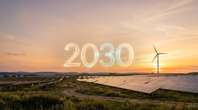 Renewable energy concept with 2030 text glowing over a solar farm and wind turbine at sunset