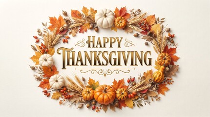 Fototapeta premium Happy thanksgiving greeting with autumn leaves and pumpkins isolated on transparent background