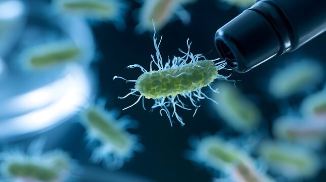 A single green microorganism with fine filaments is magnified under a scientific instrument against a dark blue background