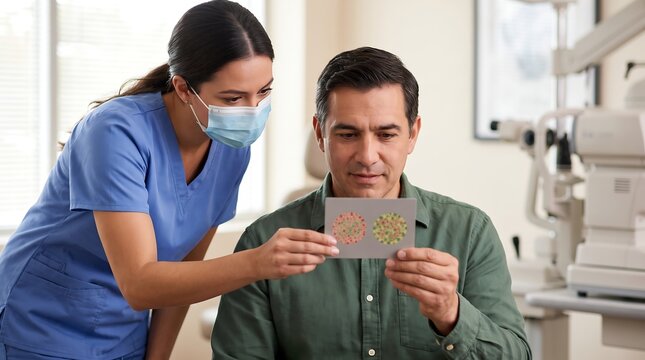 A female medical professional in scrubs and a mask assisting a male patient with a color vision test in an eye clinic.
