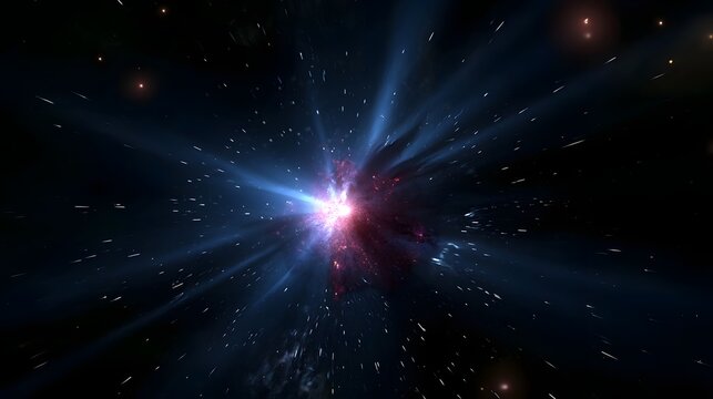 A cosmic explosion radiates bright blue and red energy beams across a dark starfield with scattered glowing particles