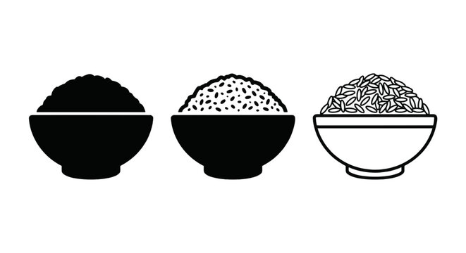 Vector illustration of set of three bowls filled with rice icons on a transparent background