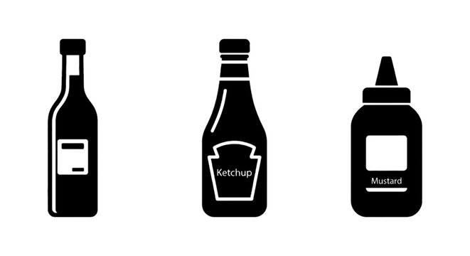 Vector illustration of condiment bottles set including ketchup and mustard icons on a transparent background