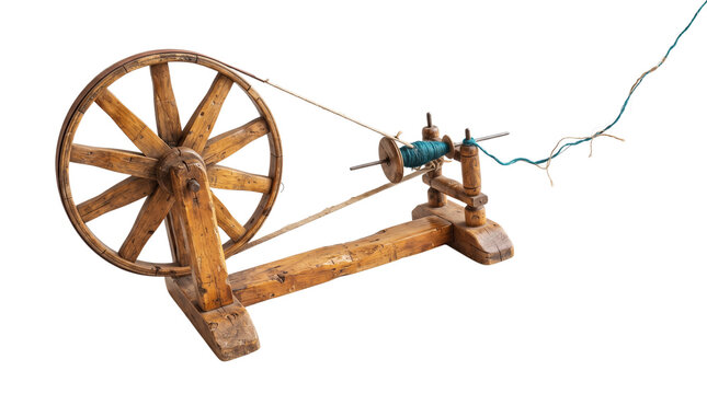 Antique wooden spinning wheel with blue wool yarn, rustic vintage textile tool, traditional handicraft equipment for weaving and spinning isolated PNG with Transparent Background