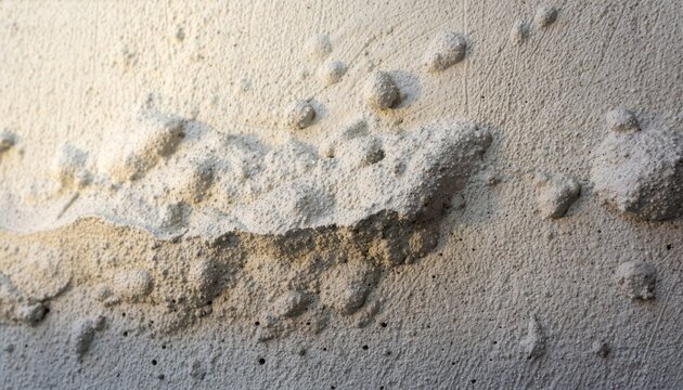 Close-up of uneven cement plaster with coarse grains, irregular bumps and subtle imperfections.