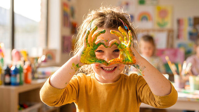 Happy girl with painted hands making heart shape in art classroom environment