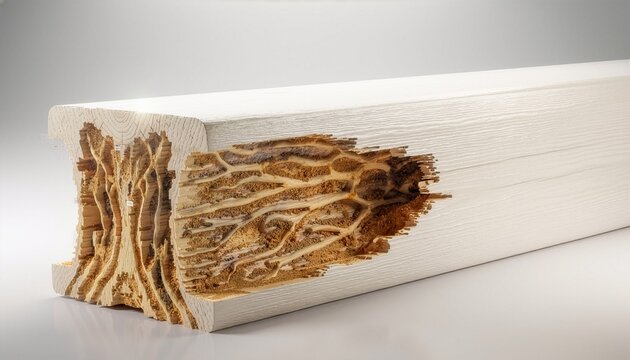 Cross-section revealing hollowed timber, intricate termite tunnels and internal wood deterioration while the outer painted surface remains smooth and intact.