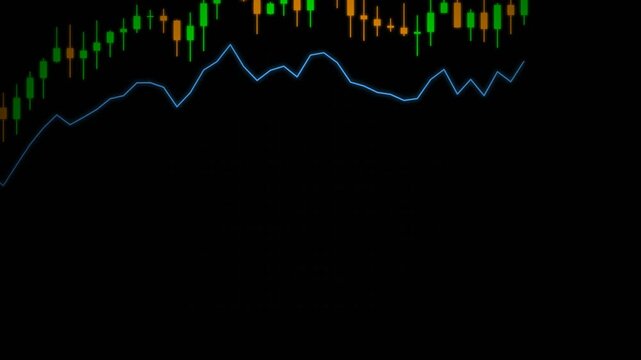 Stock market candlestick chart showing upward movement with blue trend line animation representing volatile financial growth and digital exchange trading footage