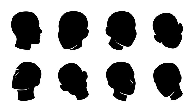 Silhouette Head Profiles Vector Set, Diverse Angles and Views, Human Face Icons for Design and Branding