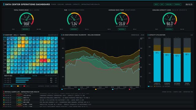 A detailed data center operations dashboard showcasing power, cooling, servers, capacity, and infrastructure health with an industrial aesthetic and vibrant color palette.
