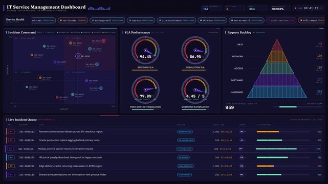 Explore an advanced IT Service Management Dashboard showcasing incidents, service requests, SLA performance, and availability with a sleek dark plum design and vibrant analytics.