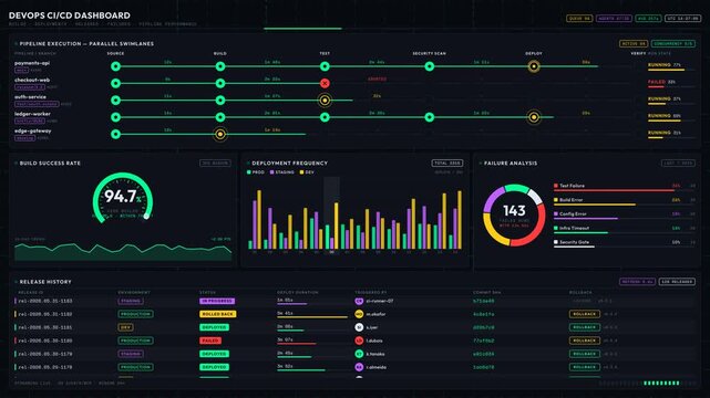 A detailed DevOps CI/CD dashboard showcasing builds, deployments, releases, failures, and pipeline performance in a sleek, modern interface with vibrant colors and animated elements.