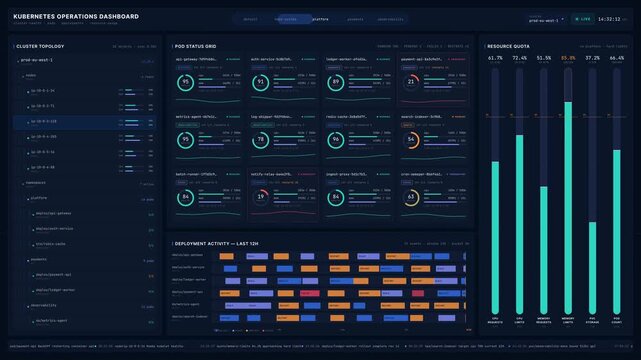 Explore a detailed Kubernetes operations dashboard showcasing cluster health, pods, deployments, and resource usage with a midnight color scheme and technical precision layout.