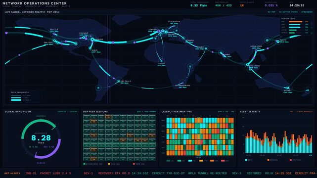 Dynamic Network Operations Center Dashboard showcasing global traffic connectivity, bandwidth metrics, and real-time network alerts with vibrant color-coded visual elements.