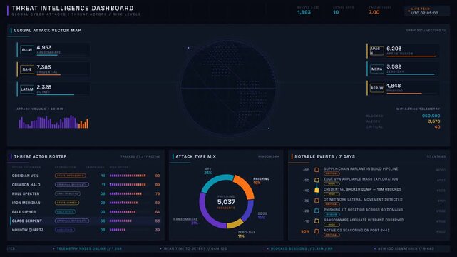 Explore a dark-mode threat intelligence dashboard showcasing global cyber attacks, threat actors, and risk levels with animated visuals and detailed data representation.