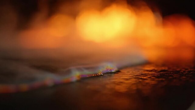Macro close-up of a burning gas stove burner with intense orange bokeh and light refraction on a metal surface, perfect for kitchen energy and cooking concepts.