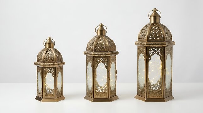 Trio of vintage islamic metal lanterns in various sizes isolated on white background