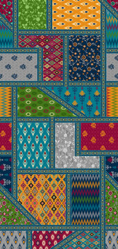 Seamless ethnic patchwork pattern featuring geometric tiles of ikat, bandhani, and floral motifs in vibrant teal, mustard yellow, green, and magenta.
