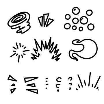 Collection of handdrawn doodle comic accent elements, speed lines, explosions, dust clouds, bubbles, and motion swirls