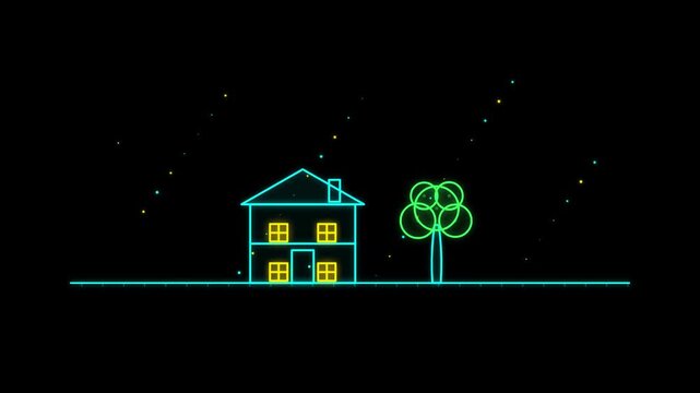 Neon line art illustration of a house and a tree at night with falling rain