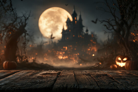 Dark Halloween table with wooden texture and glowing jack o lanterns under full moon near haunted castle and bats flying