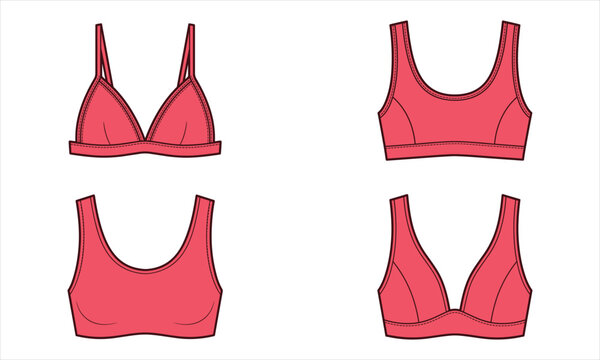 Flat color vector illustrations of various pink women bras and sports bralettes for professional CAD design templates