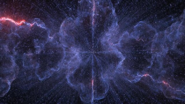 Abstract cosmic nebula background featuring blue energy clouds and electric discharges amidst deep space stars, capturing a celestial and ethereal atmosphere for scientific themes.