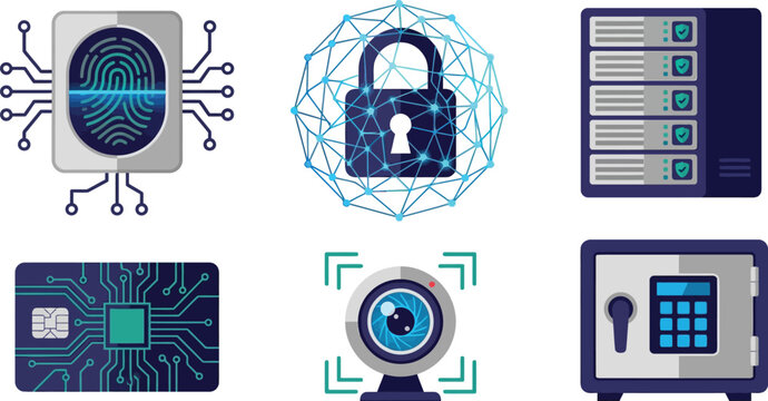 Cyber Security and Data Protection Vector Icon Set Featuring Biometric Fingerprint, Network Lock, Secure Server Rack, Smart Card, Surveillance Camera, and Safe Deposit Box